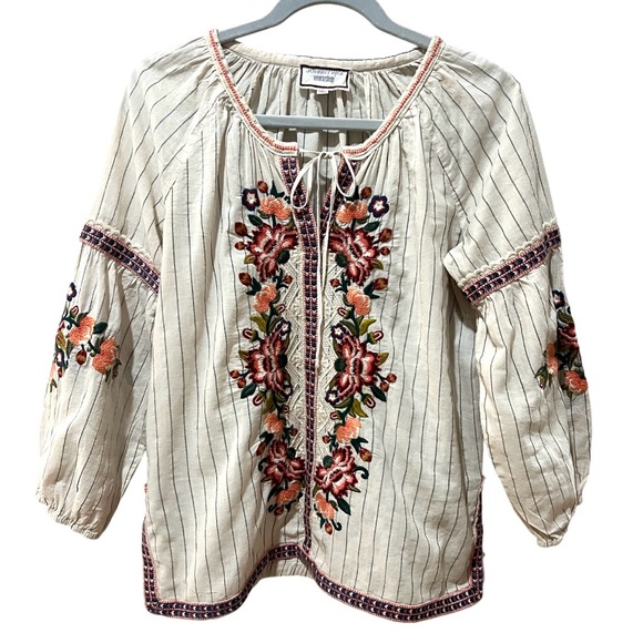 Johnny Was Peasant Blouse Top Boho Cream Embroidered 3/4 Sleeve  SZ S EUC - Picture 3 of 10